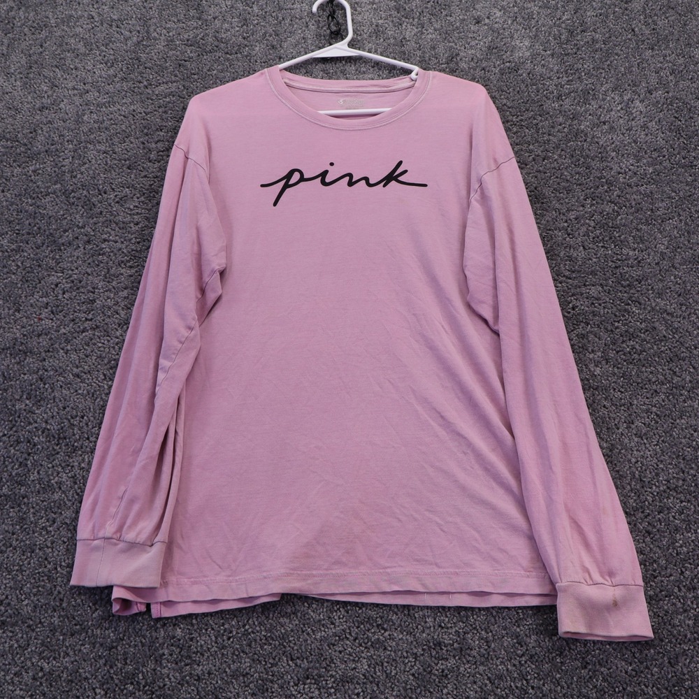 PINK T Shirt Womens Large Pink Graphic Long Sleeve Crew Neck Cotton Casual